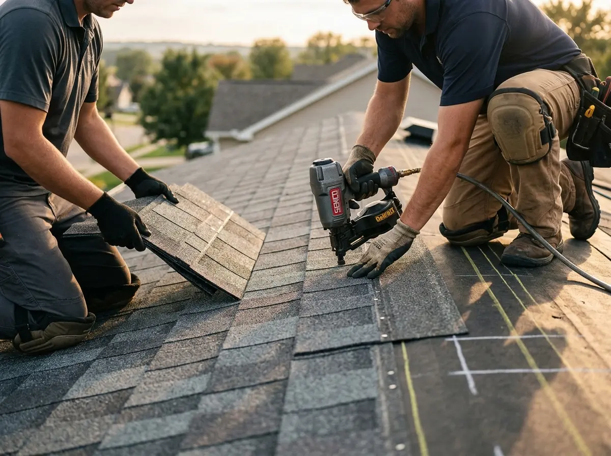 Professional roofer working on a residential roof in Glendale Heights